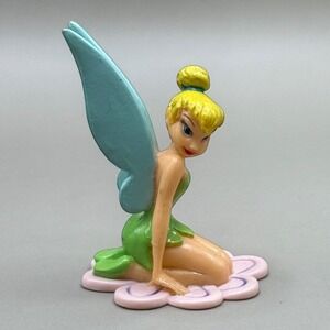 Disney Tinker Bell Mini PVC Figure Kneeling on Pink Flower Base 2" Fairy